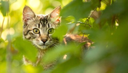 Fototapeta premium A curious tabby kitten peeks out from lush green foliage, bathed in warm sunlight. Its big, golden eyes stare intently
