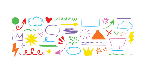 Colorful Hand-Drawn Doodle Elements Set. Arrows, Speech Bubbles, Stars, Clouds, and Abstract Shapes in Crayon Sketch Style