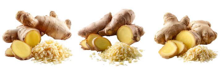 Set of Sliced ginger with green leaves, minimalistic composition on transparent png background. Ai generated