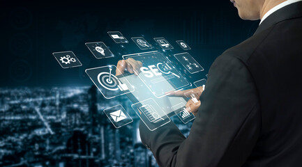 SEO concept for improving SEO visibility, with SEO related digital tools and SEO performance icons...