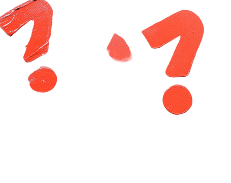 Two red question marks isolated on black, textured, maybe hand-painted