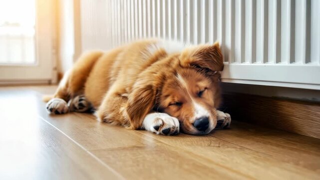 Adorable brown puppy peacefully sleeping on wooden floor next to white radiator in cozy home interior, warm sunlight creating relaxing atmosphere of comfort and tranquility