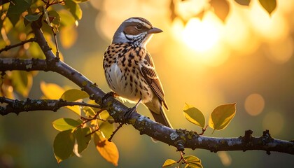 A small, patterned bird perches on a branch with soft, golden sunlight illuminating its plumage and the leaves. Bokeh background