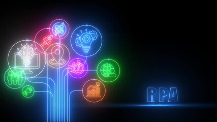 Neon RPA Icons Connected in Flowchart with Text on Black Background robotic process automation - Powered by Adobe