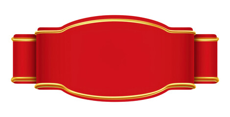 Classic red ribbon label with ornate golden border design, isolated on transparent background