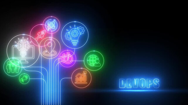 Neon Dev Ops Icons Connected in Flowchart with Text on Black Background DevOps development operations
