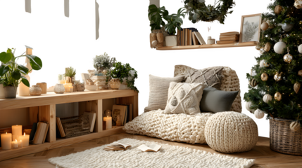Cozy corner reading nook with Christmas tree decorated in earthy tones, handmade wooden baubles, and candles on shelves, isolated on white background