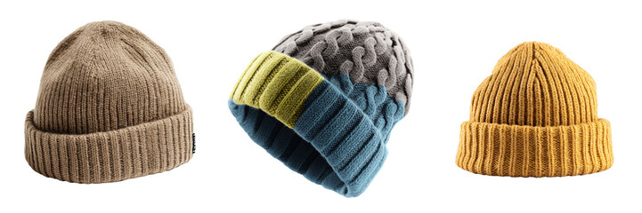 Set of Warm yellow winter hat, neatly placed on transparent png background. Ai generated