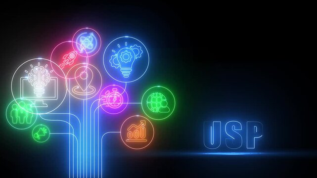 Neon USP Business Icons Connected to USP Text on Dark Background unique selling proposition connection