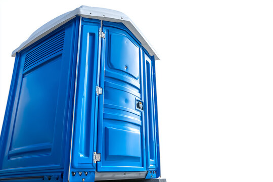 Blue Portable Toilet Cabin with Closed Door Isolated on White Background