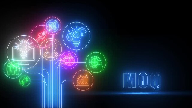 Neon MOQ Business Icons Connected to MOQ Text on Dark Background minimum order quantity connection