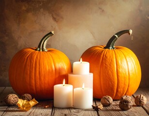A still life arrangement of two orange gourds next to three lit candles, with a rustic wooden surface. Walnuts and autumn foliage are also displayed