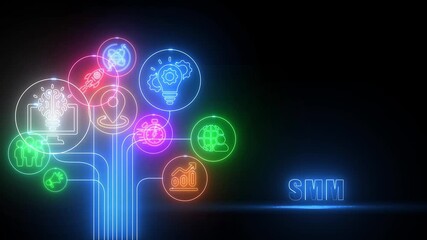 Neon light icons connected in a network with SM text on a dark background social media marketing business - Powered by Adobe