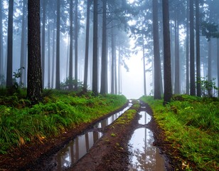 A foggy forest scene features a muddy trail splitting into two, with tall trees on either side disappearing into the mist. Lush green ferns line the path