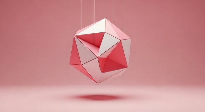 Pink and white geometric polyhedron suspended against a soft pink background abstract