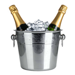 Two bottles of sparkling wine chilled in a metal ice bucket filled with ice cubes