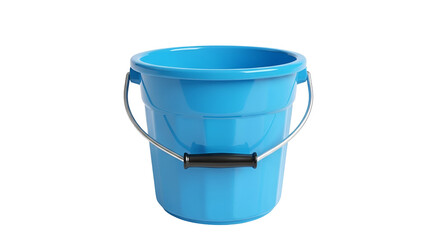 A bright blue plastic bucket with a silver metal handle and black grip, isolated on white background