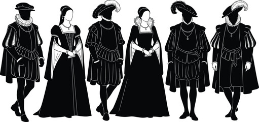 Renaissance fashion illustration, historical costume design, vintage European clothing, puffed sleeves, feathered hats, theatrical outfit, royalty style, medieval garments