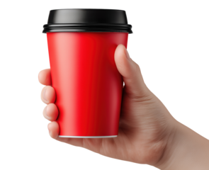 Male hand gripping red disposable coffee cup with black lid, isolated on transparent background