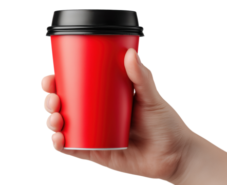 Male hand gripping red disposable coffee cup with black lid, isolated on transparent background