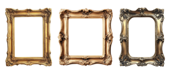 Three vintage picture frames with carved decorative details isolated on transparent background