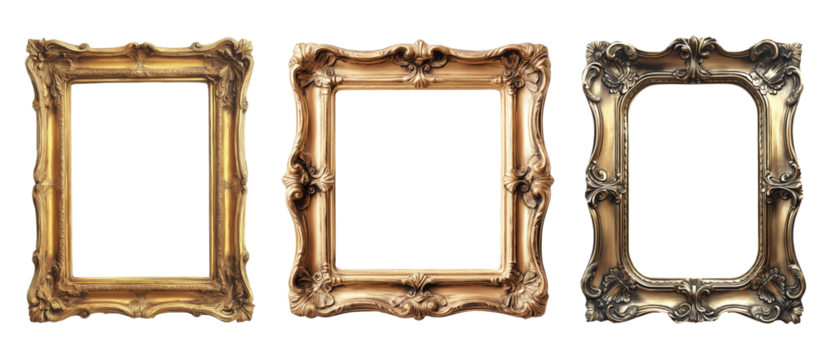 Three vintage picture frames with carved decorative details isolated on transparent background