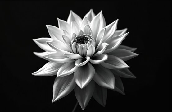 Detailed black and white close-up of a white dahlia flower against a stark dark background. Its petals showcase intricate texture and delicate lines, creating a dramatic aesthetic.