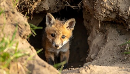 A curious young fox cub peeks out from its den, framed by earth and grass, bathed in warm light. Its eyes are fixated, filled with wonder