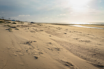 evening light and water makes structures in the sand at the North Sea, natural art on the sandy beach, a stream on the beach forms water and sand, wave-shaped depressions form a beautiful pattern
