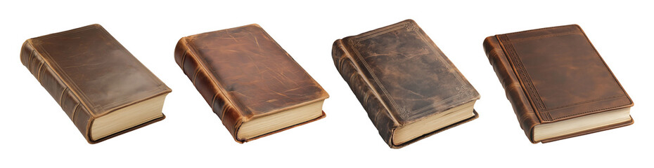 Obraz premium Four old books with brown leather cover, isolated on transparent background