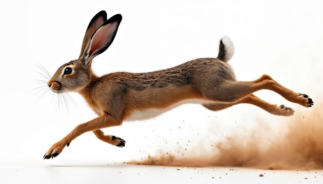 Brown European hare leaps through air, kicking up dust. Action shot shows mammal speed and agility. Illustration for nature, wildlife, or sports themes.