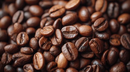 Dark roasted coffee beans spread out on a wooden surface ready for brewing morning coffee