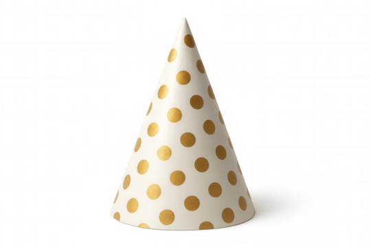 Party hat featuring a gold polka dot pattern, ready for festive events and celebrations, on transparent background