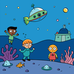 Children exploring a vibrant alien underwater world