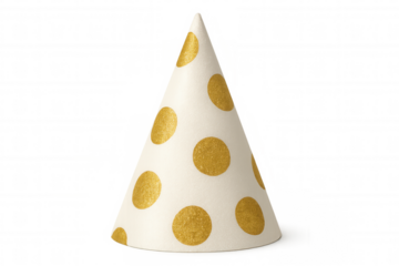 Festive party hat with gold glitter polka dots, celebrating birthdays, anniversaries, and special events