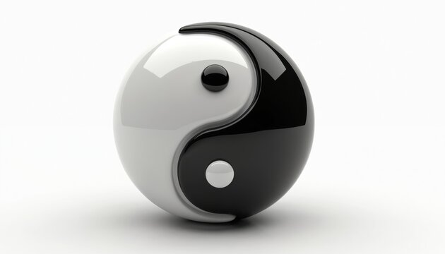 Glossy black, white Yin Yang symbol represents balance, harmony in life. Round shiny object shows duality, spiritual connection. Ancient Tao philosophy concept illustrated. Modern design promotes