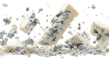 Blue cheese crumbles and chunks floating against a stark black background