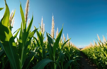 Fototapeta premium Low angle view of green corn stalks in a vast field under a clear blue sky. A dirt path winds through the crop towards the horizon, suggesting growth and nature.