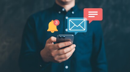 Alert notification concept. Push Notifications, Web Reminders, Time Table and Announcements. Person using smartphone with notification icon on virtual screen.