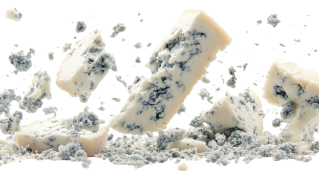 Blue cheese crumbles and chunks floating against a stark black background
