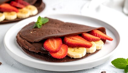 A folded chocolate crepe is served on a white plate, filled with fresh strawberry and banana slices, garnished with mint