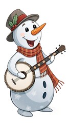 Snowman playing banjo with joyful mood on white background copy space
