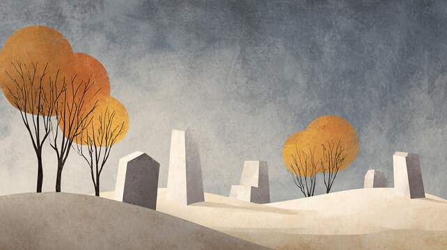 Abstract Cemetery with Gravestones and Autumn Trees