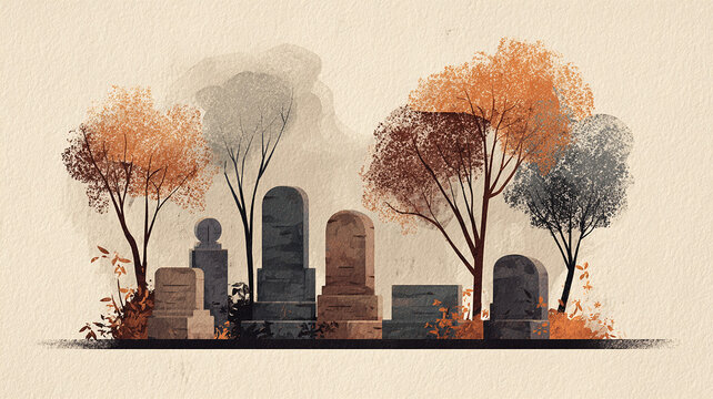 Autumn Cemetery with Gravestones and Trees in a Minimalist Illustration