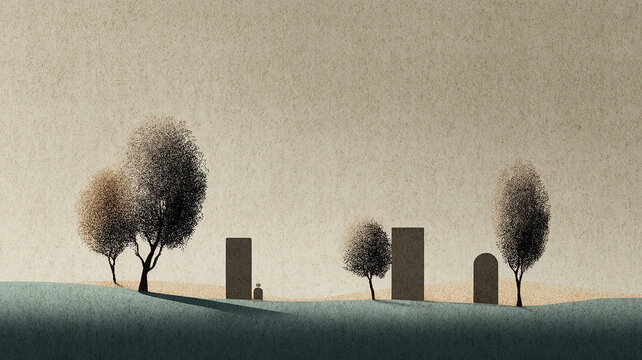 Minimalist Cemetery with Gravestones and Trees on a Hill