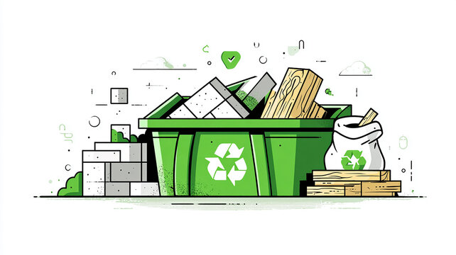 Green Recycling Dumpster with Waste and Recycle Bag - Eco Illustration