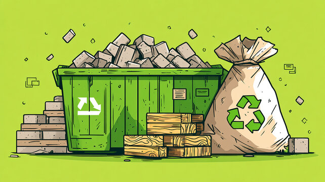 Recycling Rubble and Wood in a Green Dumpster - Construction Waste Illustration