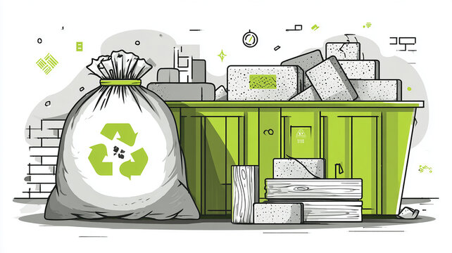 Construction Waste Recycling with Dumpster and Recycle Bag - Eco Illustration