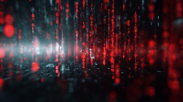 Digital rain of red binary code creating a futuristic atmosphere in a dark space