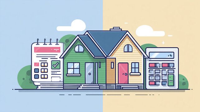 House with Calendar and Calculator - Home Buying Planning Illustration